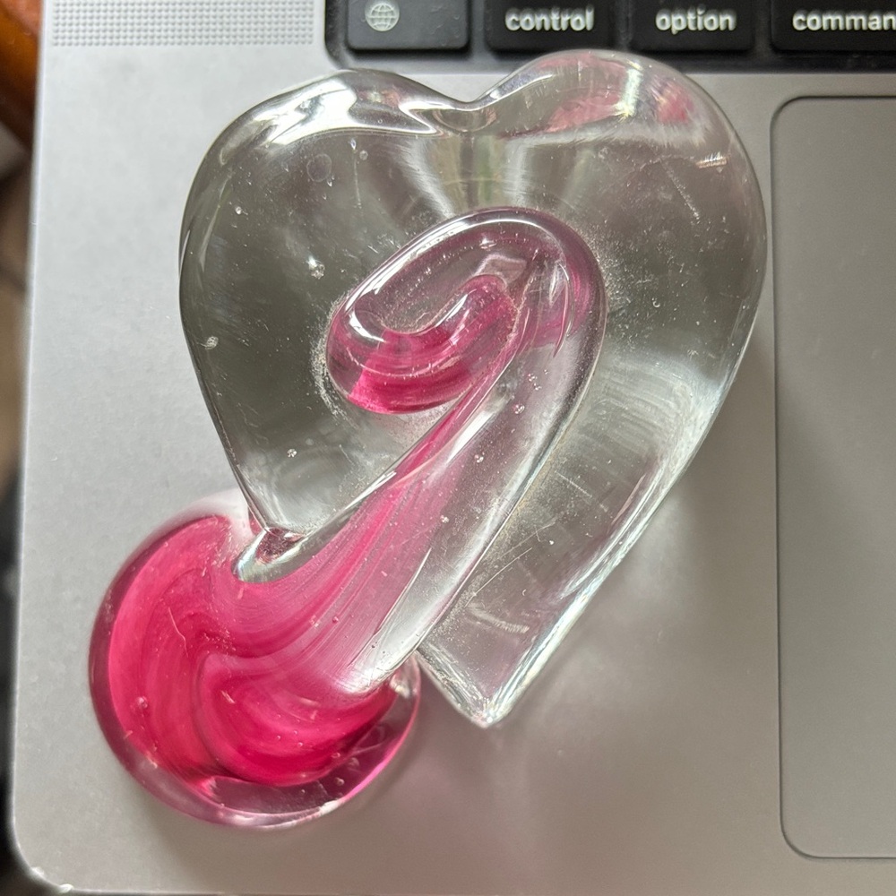 Signed - Glass Heart Paperweight with Pink Swirl